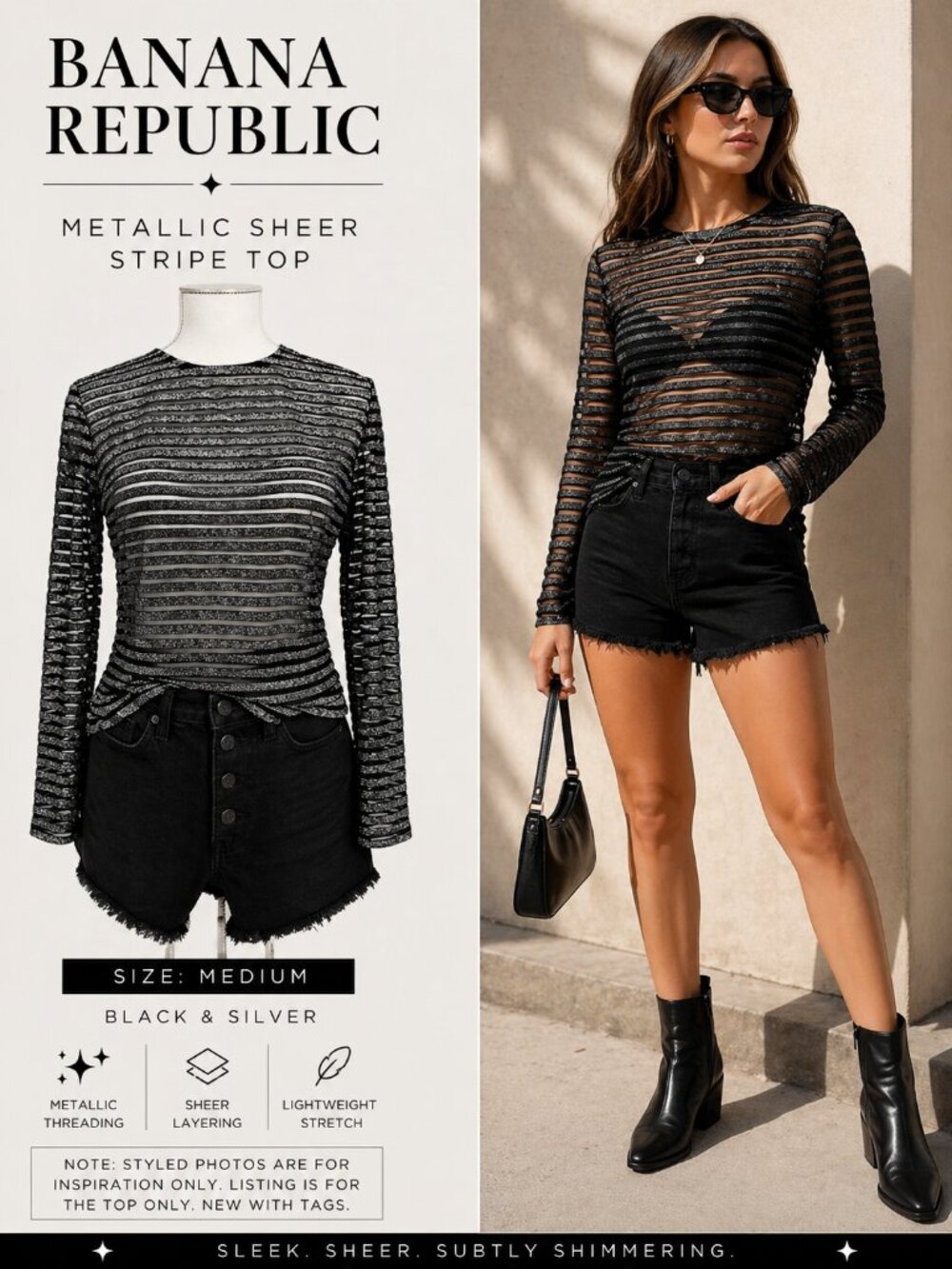 NWT Banana Republic Metallic Sheer Sparkle Stripe Top Black Silver Size M